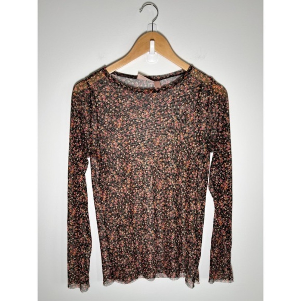 Womens Festival Boho Fairy Grunge Floral Mesh Sheer Long Sleeve Red Top Medium‎